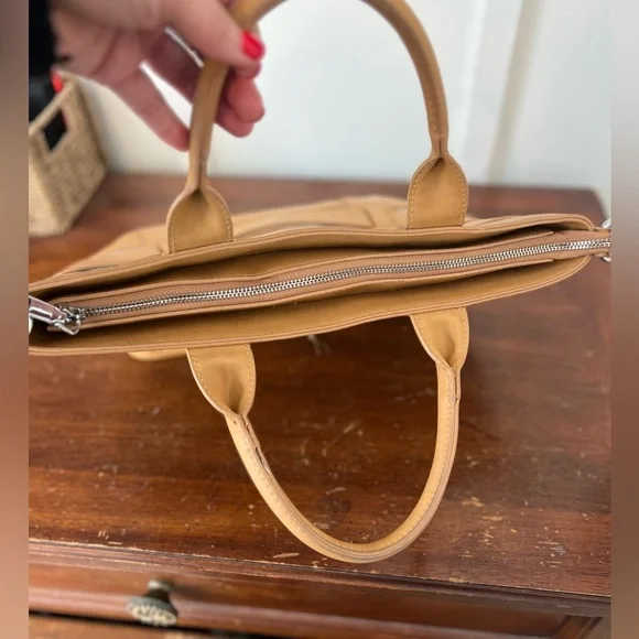 Miztique Tan Natural Faux Leather Canvas Stripe Tote Handbag Purse no long strap - Picture 8 of 8